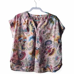 Dylan By Anthropologie Pink Floral Paisley Short-Sleeve Cotton Top L